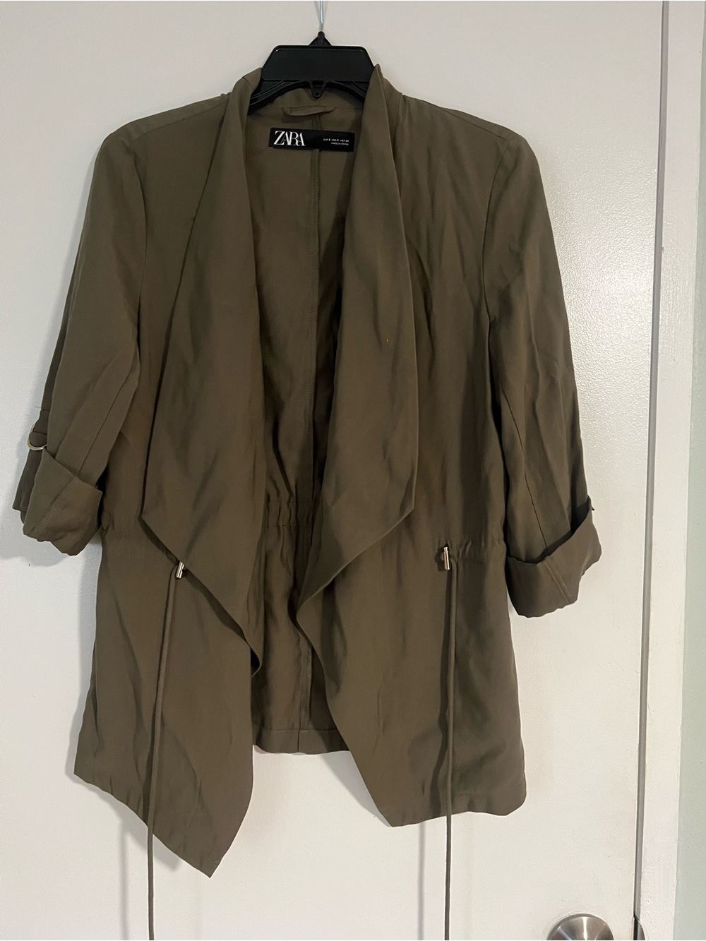 Zara Olive Green Draped Open-Front Blazer